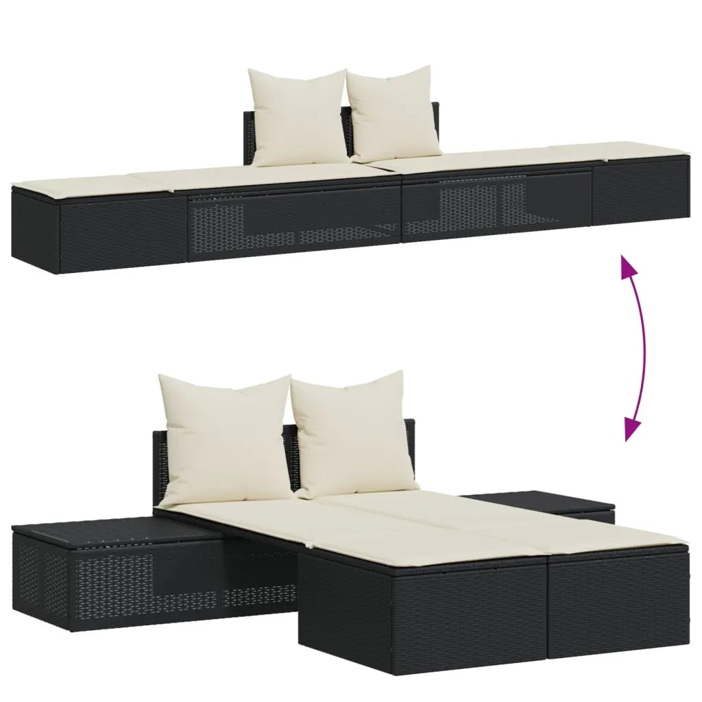 Lettino Prendisole Doppio con Cuscini Nero in Polyrattan 368389