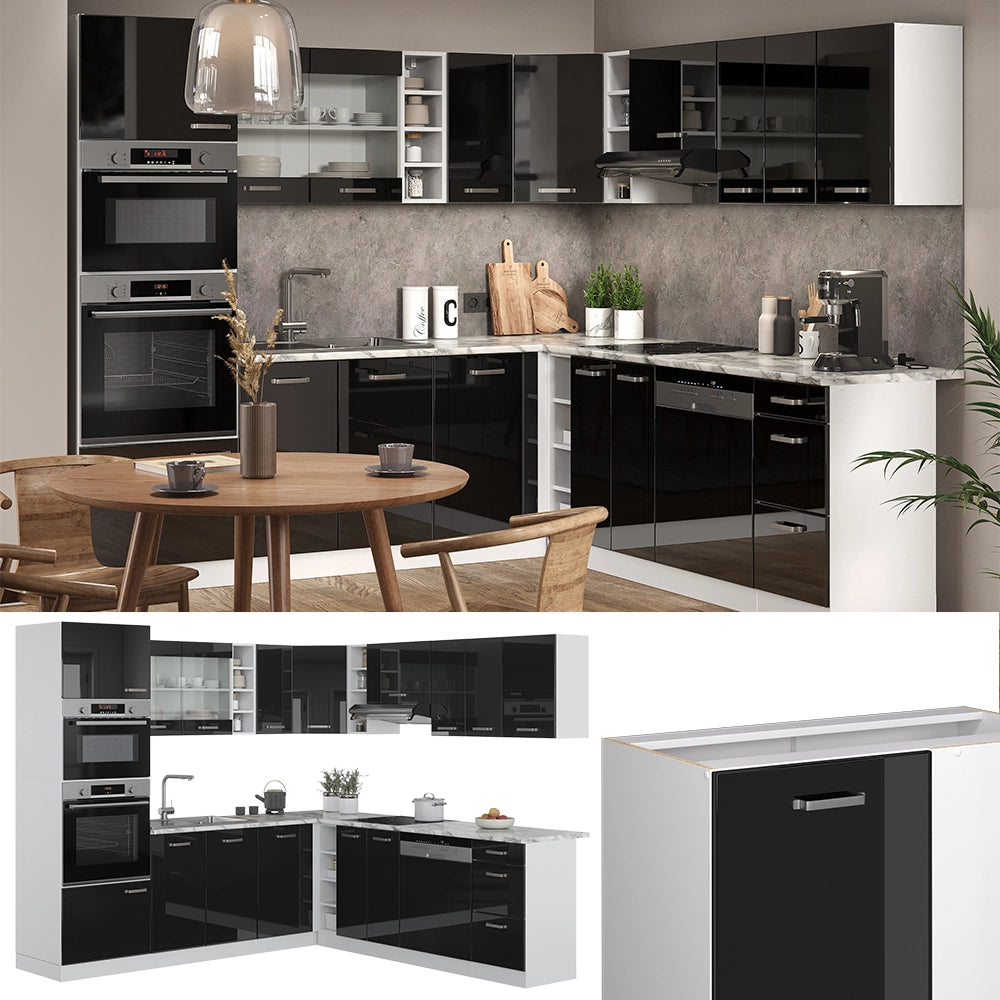 Vicco Cucina angolare completa Nero lucido/bianco 237 x 60 cm senza piano di lavoro