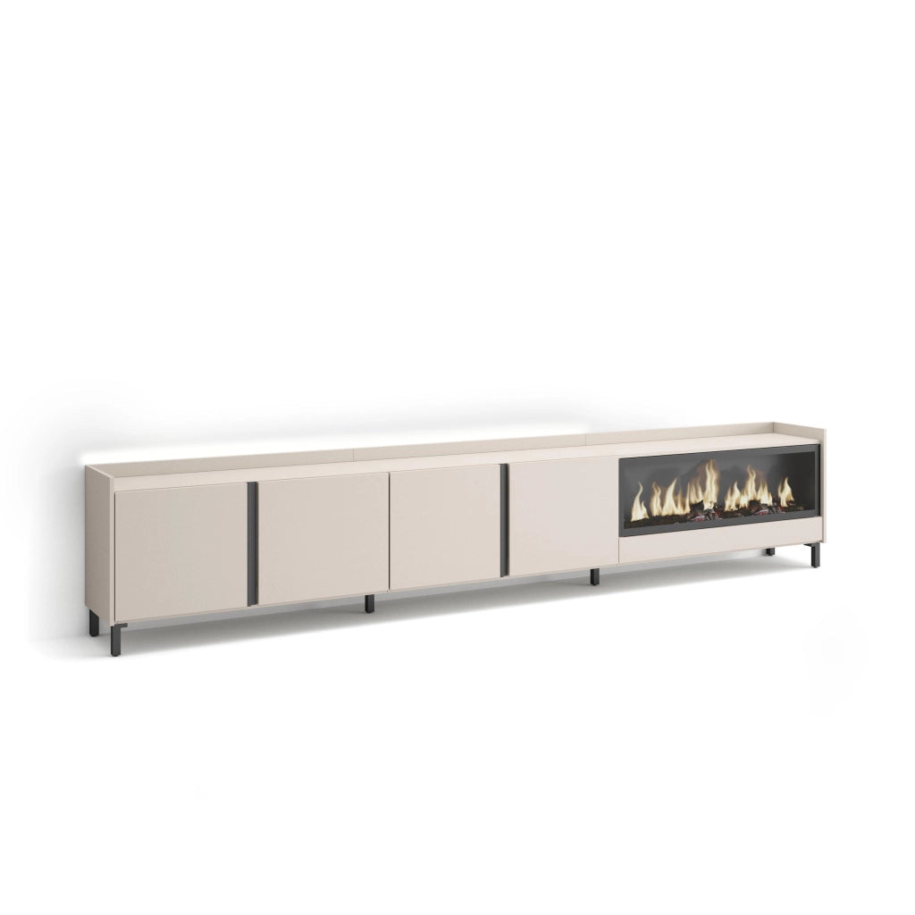 Mobile TV Soggiorno, 315x61x35 cm, Per TV fino a 80", Camino elettrico XXL, Design industriale, LED, Beige