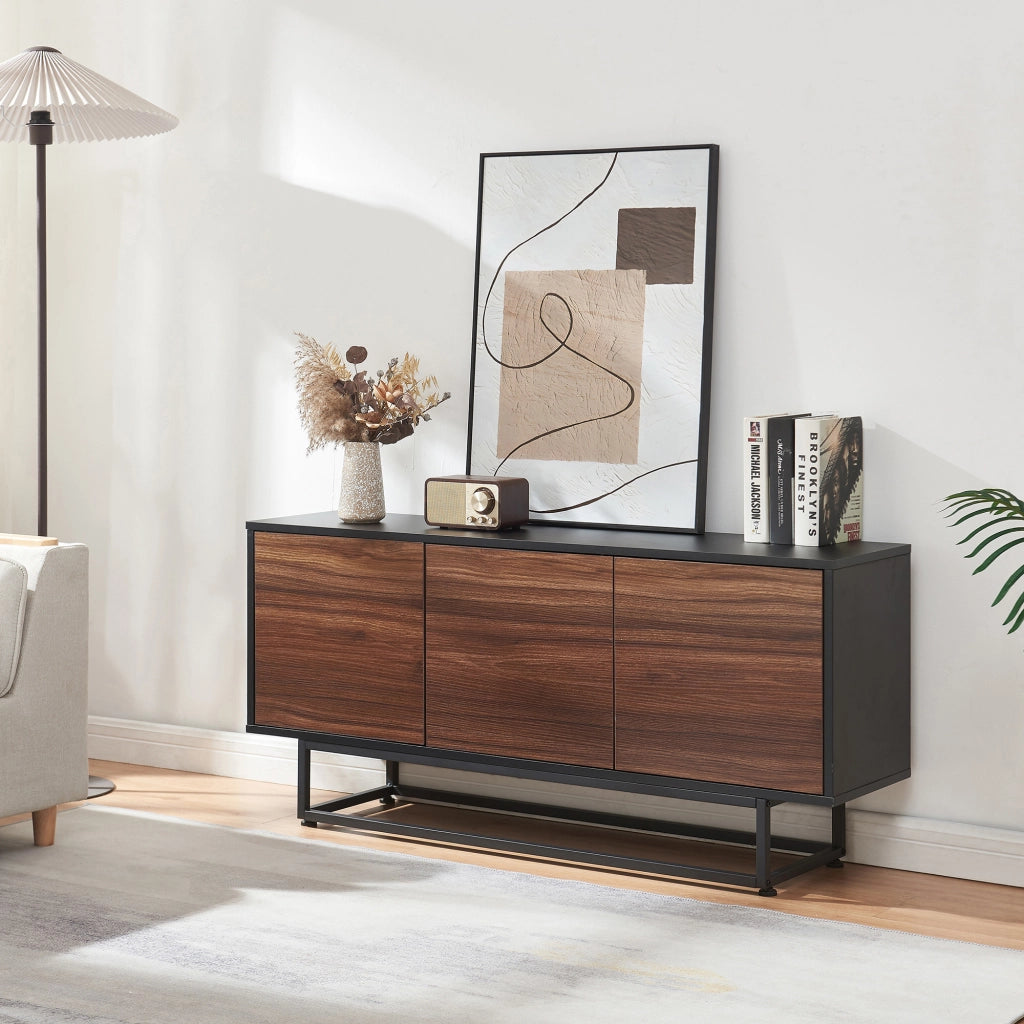 Armadietto Boxholm Credenza Bassa con 3 Ante Push-Open 120x30x55 cm Nero / Effetto Noce [en.casa]