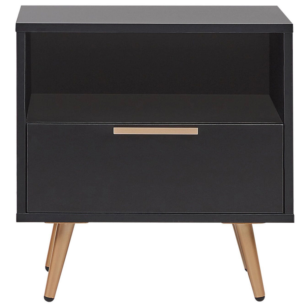 Comodino MDF Nero Gambe in metallo dorato Cassetto portaoggetti Scaffale finitura opaca Comodino camera da letto
