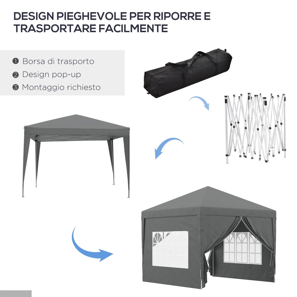 Gazebo da Giardino 3x3 m Pieghevole con 4 Pannelli Laterali in Acciaio e Tessuto Oxford Grigio
