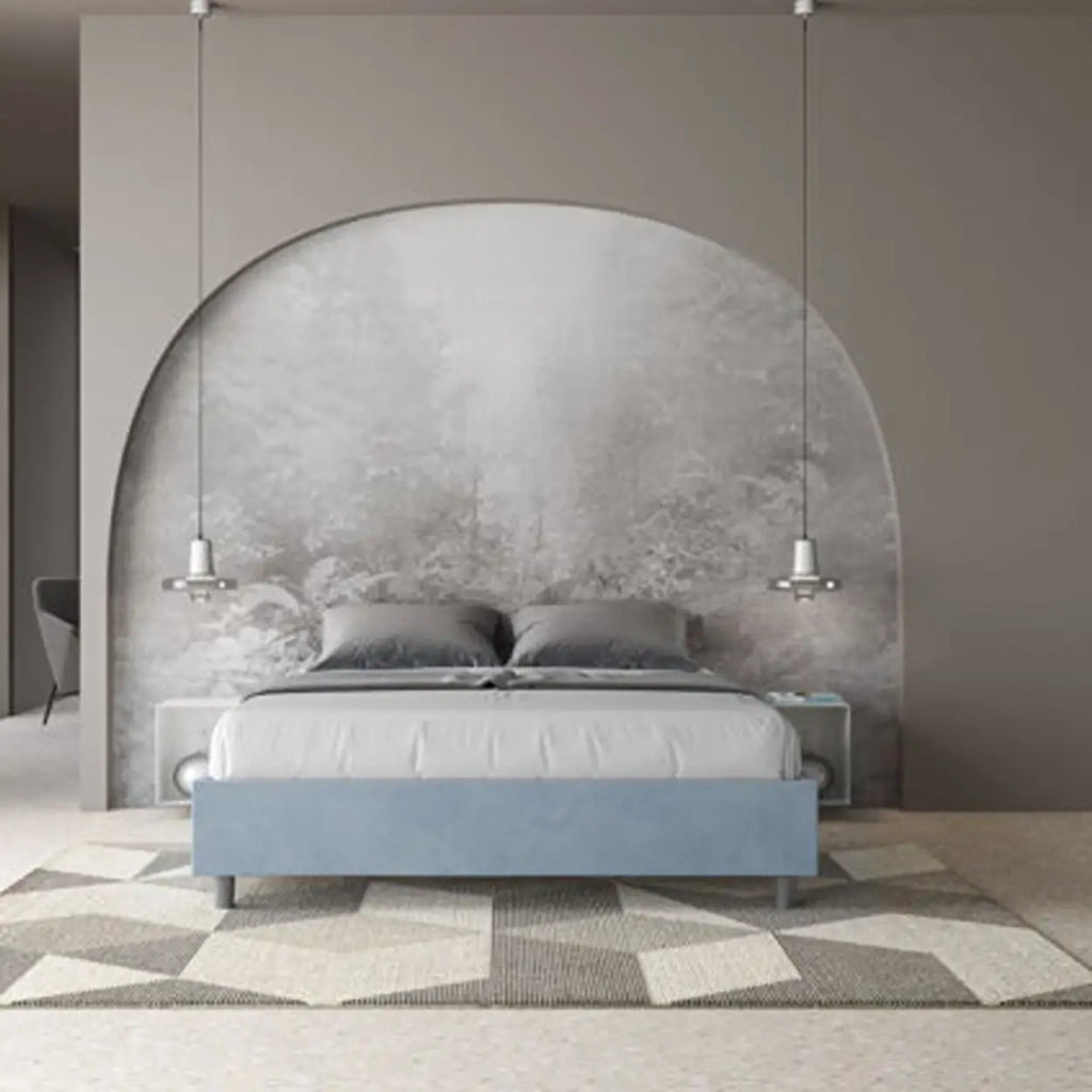 Letto matrimoniale con rete imbottito 160x210 microfibra azzurro Azelia