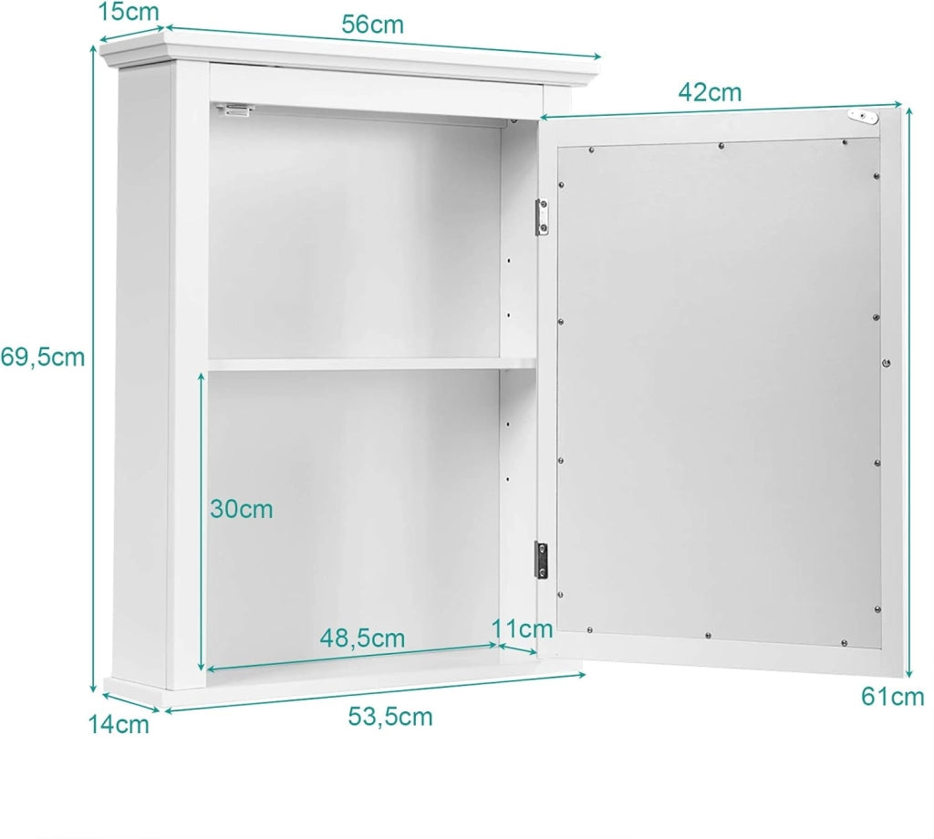 Armadietto a Specchio per Bagno, Mobiletto a Muro in MDF, con Ripiano Regolabile in Altezza, Pensile a Parete, 56 x 15 x 69 cm, 4 Colori (bianco)