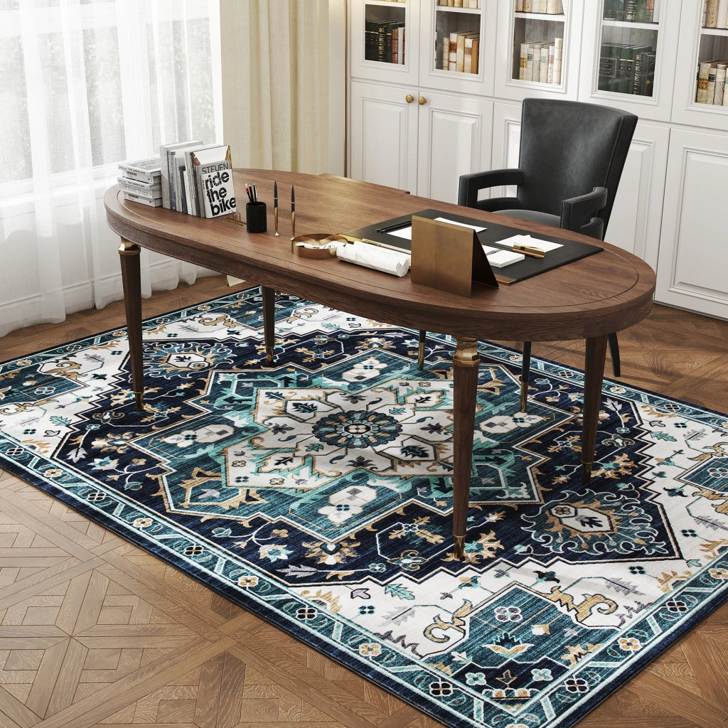 Tappeto Boho Antiscivolo e Lavabile 230x160 cm a Pelo Corto in Effetto Cashmere Blu