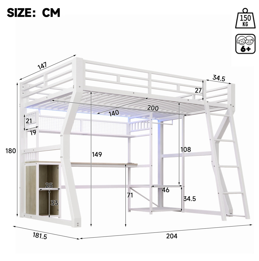Letto a soppalco 140x200 cm con scrivania; luce integrata e ripiani in metallo e MDF bianco