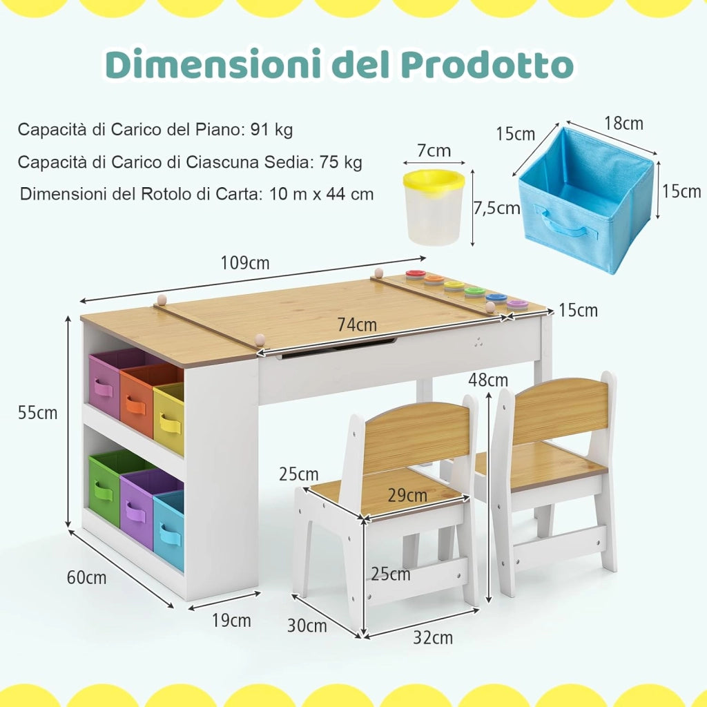 Set Tavolo da Disegno e Cavalletto per Bambini 3+ Anni con 2 Sedie, Tavolo Multifunzione in Legno con Piano Sollevabile, Rotolo di Carta, 6 Bicchieri di Vernice (Naturale)