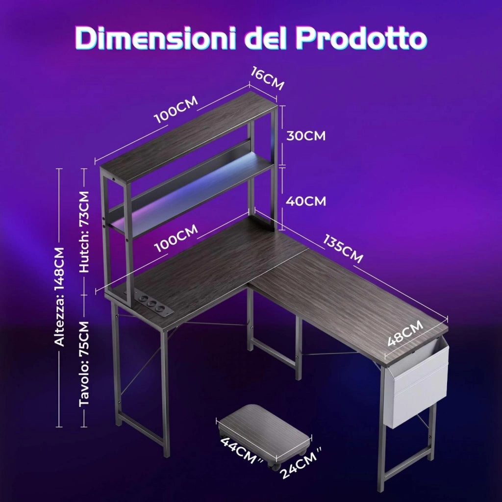 Scrivania per PC a L, scrivania da gaming, prese integrate, doppio ripiano portaoggetti, RGB, design reversibile, grigio