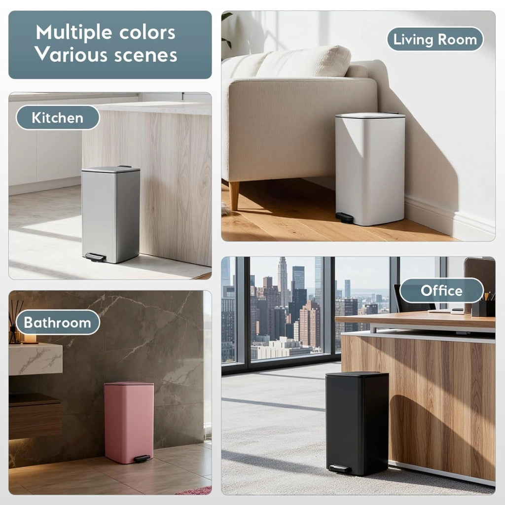Pattumiera Cucina 30 L a Pedale, Pattumiera Rettangolare in Acciaio con Coperchio Soft-Close, Secchio Interno e Funzione di Mantenimento Aperto, per Cucina, Soggiorno e Ufficio – Bianco