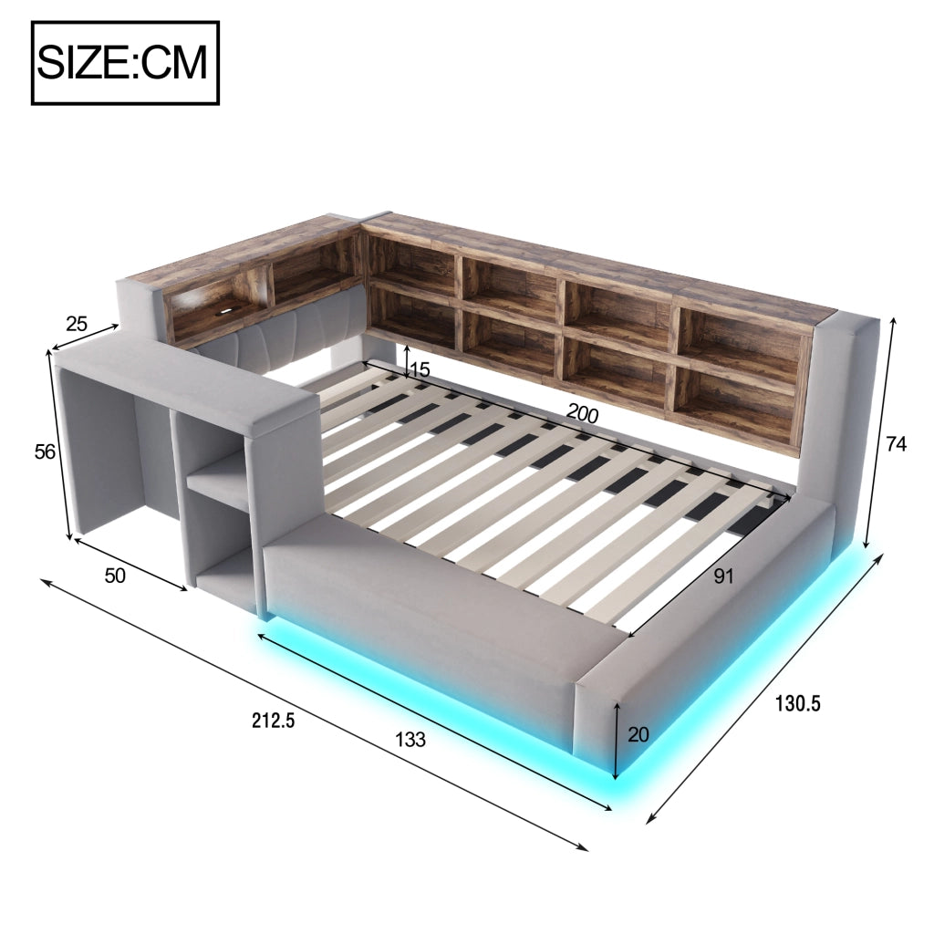 Letto imbottito 90 x 200 cm con testiera imbottita, vani portaoggetti, LED, prese integrate e tavolino laterale, Grigio scuro