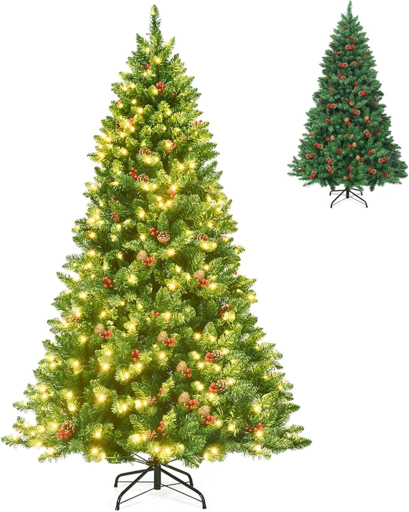 Albero di Natale 135/195 cm, Albero di Natale con 300/450 Luci Incorporate Bianco Caldo, 516/1100 Rami, 32/56 Pigne e 32/56 Bacche Rosse e Base in Metallo, Verde (195cm)