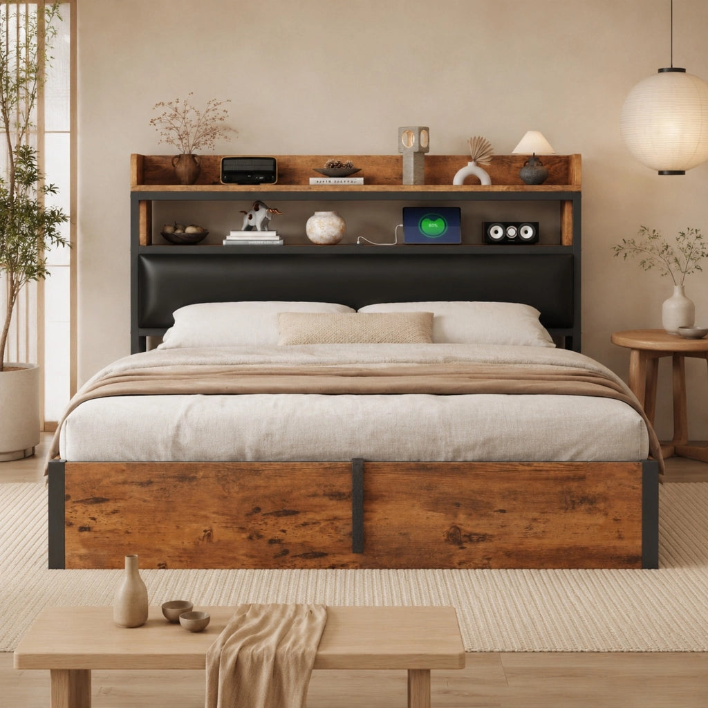 LETTO Contenitore 180x200 cm Nero in Metallo e Legno con USB