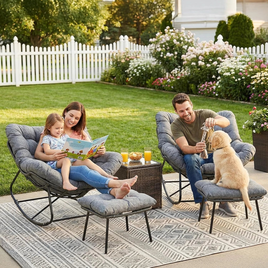 Set di sedie a dondolo con sgabello in rattan, resistente alle intemperie, con spessa imbottitura rimovibile, portata di 150 kg, per giardino, balcone, soggiorno