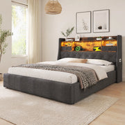 Letto imbottito 180x200 cm grigio con contenitore idraulico, LED e ricarica USB/Type-C