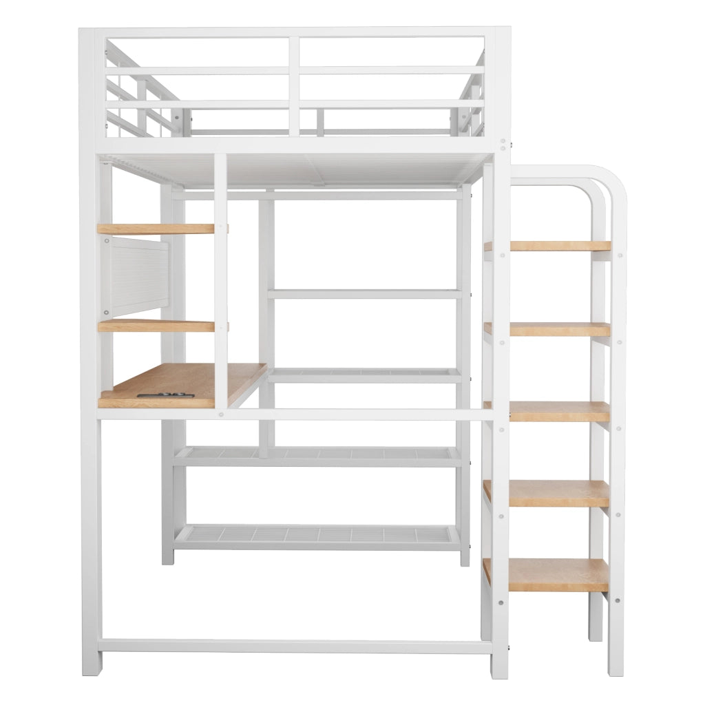 LETTO a soppalco 90x200 cm in metallo bianco con scrivania, LED e prese