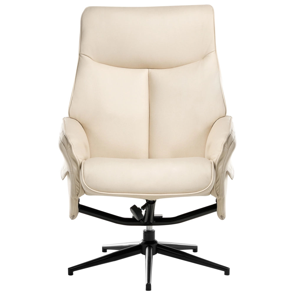 Poltrona reclinabile beige chiaro con poggiapiedi in ecopelle vegana, girevole e imbottita, con struttura in metallo dal design retrò.