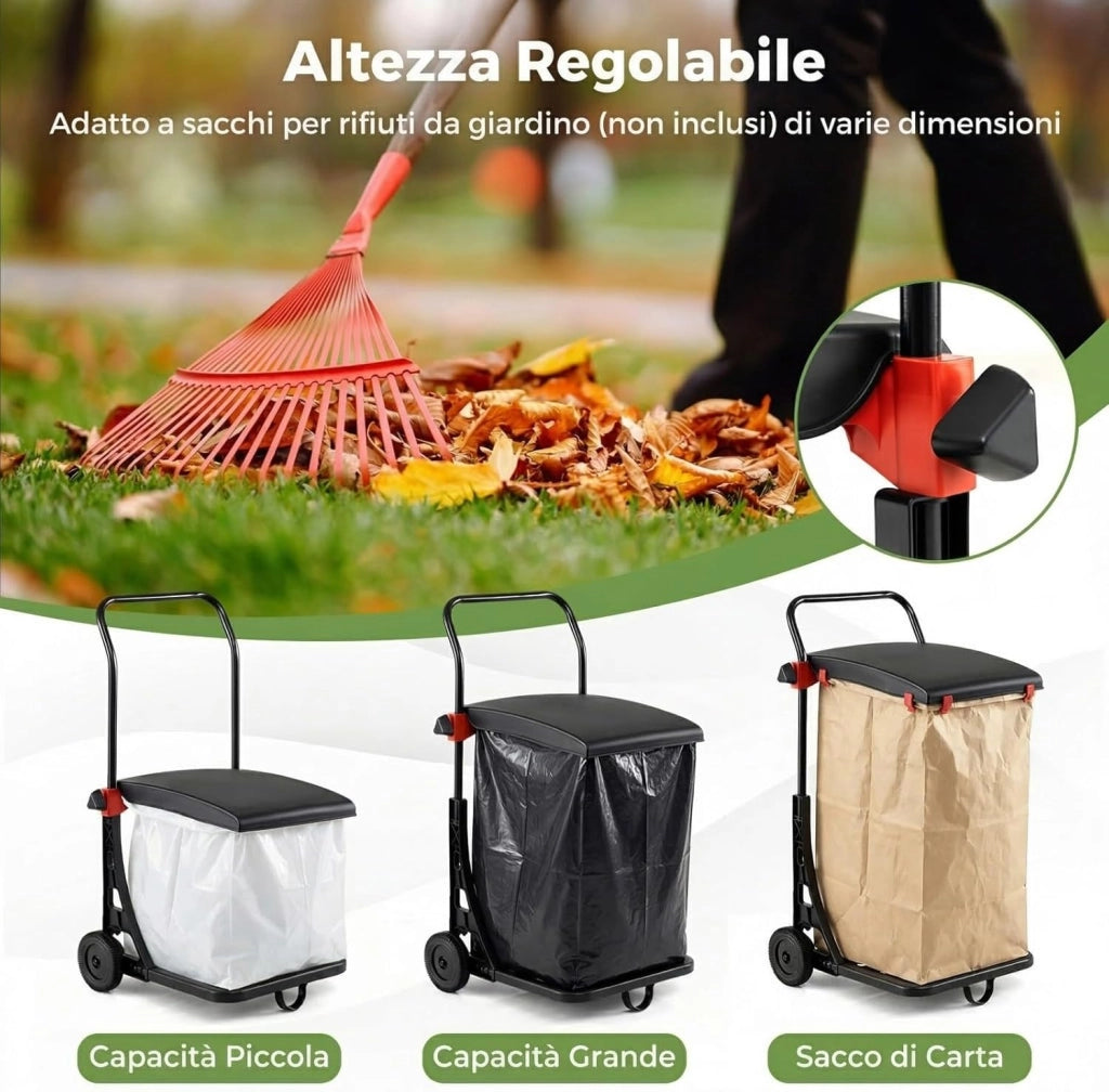 Carrello Portasacco Immondizia da Giardino, Supporto Porta Sacchi di Diverse Dimensioni, con Ruote, Coperchio e Altezza Regolabile, Carriola per Foglie, Rifiuti, Raccolta Differenziata