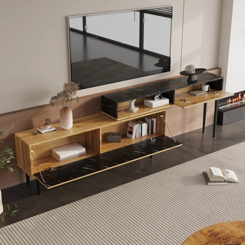 Mobile TV; design marmo e venatura legno; bordo in PVC; gambe in ferro; MDF; colore naturale