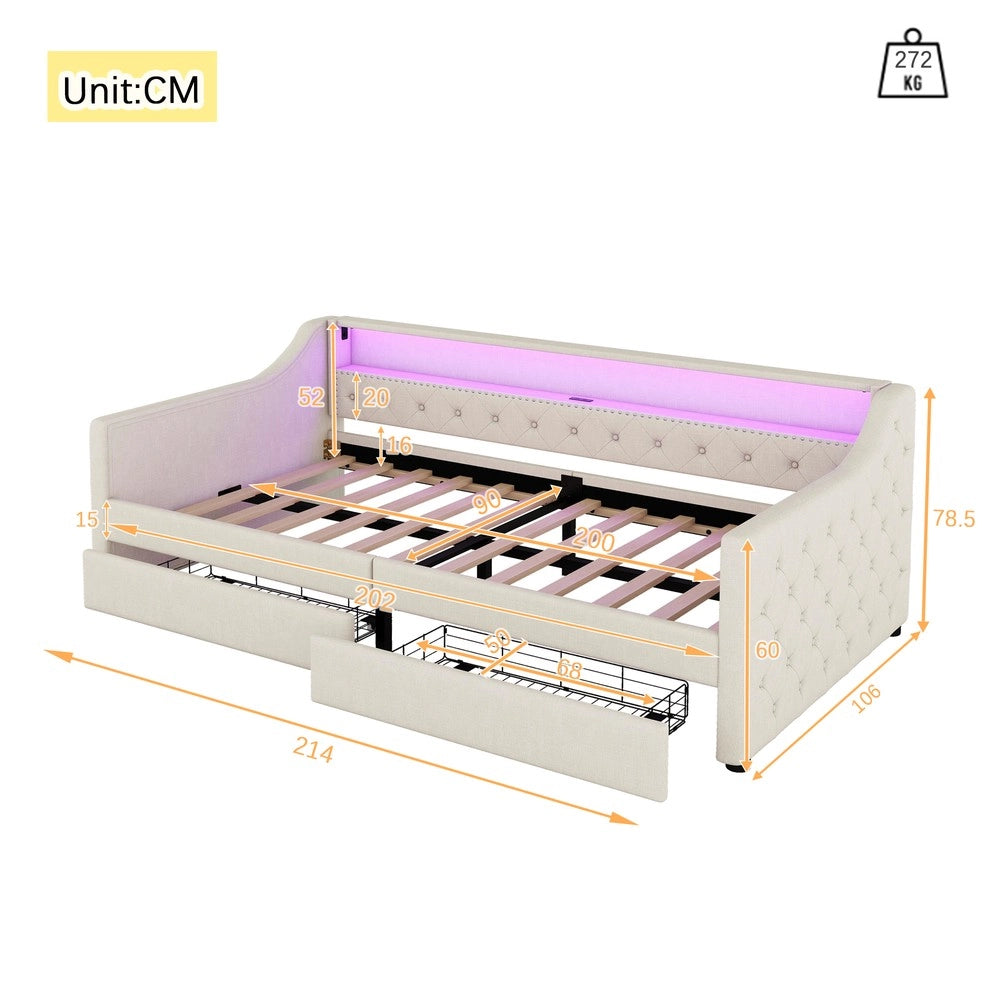 Letto Singolo con Doghe e Cassetti ¨C MINIMAL ¨C Beige, Tessuto Linen, 90x200, Luce LED