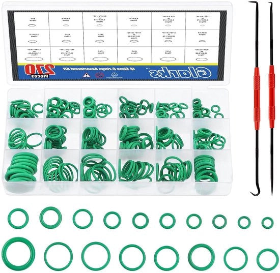 Kit di Assortimento di Anelli di Gomma Verde con 18 Dimensioni, inclusa una Piccola Scegli e Tira con Crocetta, 270 Pezzi - Per la Riparazione di Auto e Veicoli, Compresi i Sigilli per Compressori di Condizionamento d'Aria