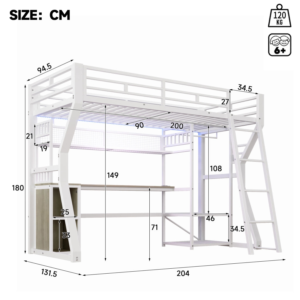 LETTO A CASTELLO 90x200 cm in metallo e MDF, bianco, con scrivania e luci