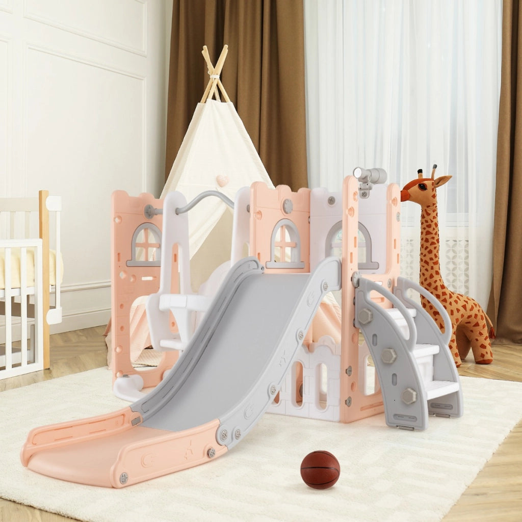 Set di gioco per bambini con altalena da basket e telescopio con spazio portaoggetti, 7 in 1 set di scivolo e altalena a forma di L Grigio e rosa