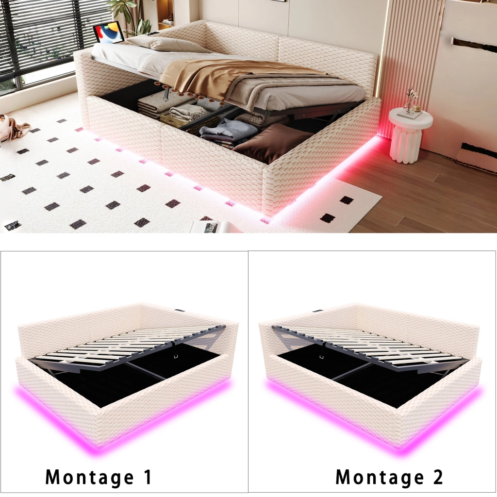 LETTO Contenitore 140x200 cm Velluto Beige con LED, 2 USB e Type-C