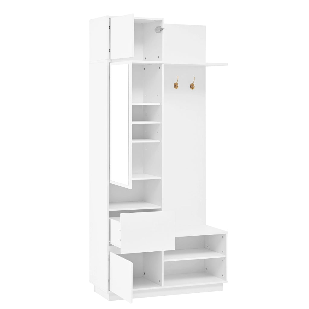 Set mobili da ingresso con armadio a specchio, panca portascarpe, cassetti e ganci, in MDF bianco