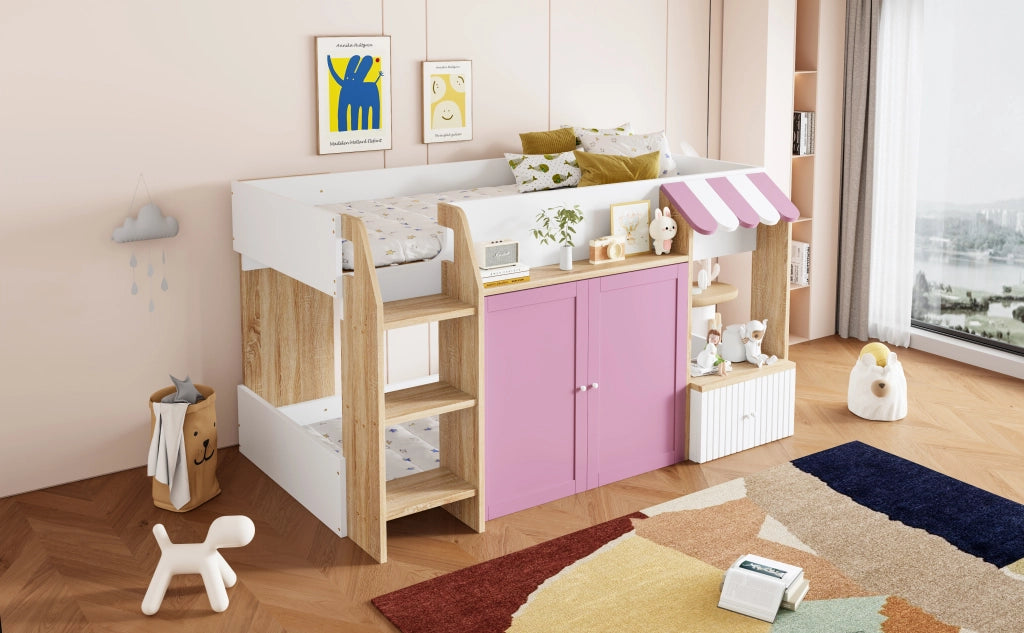 DESMIU Letto a soppalco per bambini 1 posto con scala, contenitori e ripiani, 90 × 200 cm, senza materasso, rosa e bianco