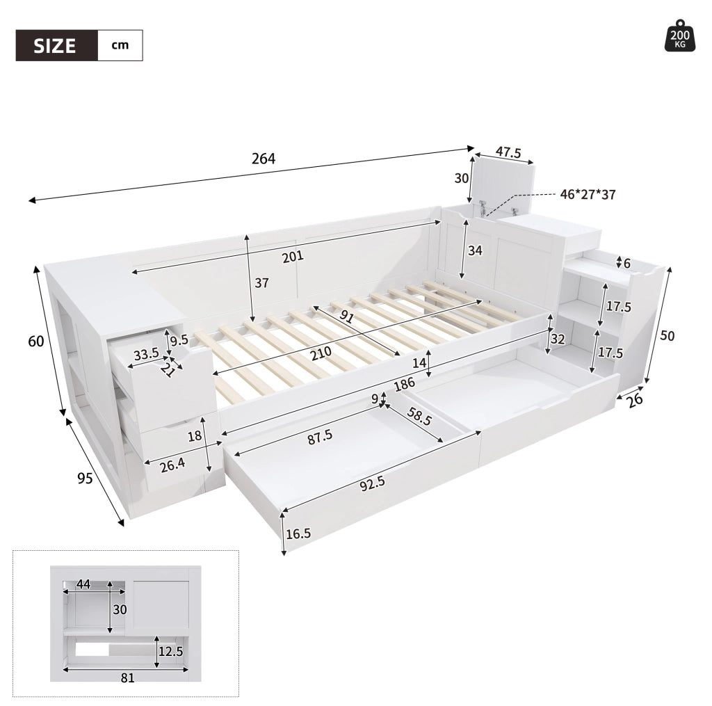 Letto singolo 90x200 cm bianco in MDF con cassetto e comodino