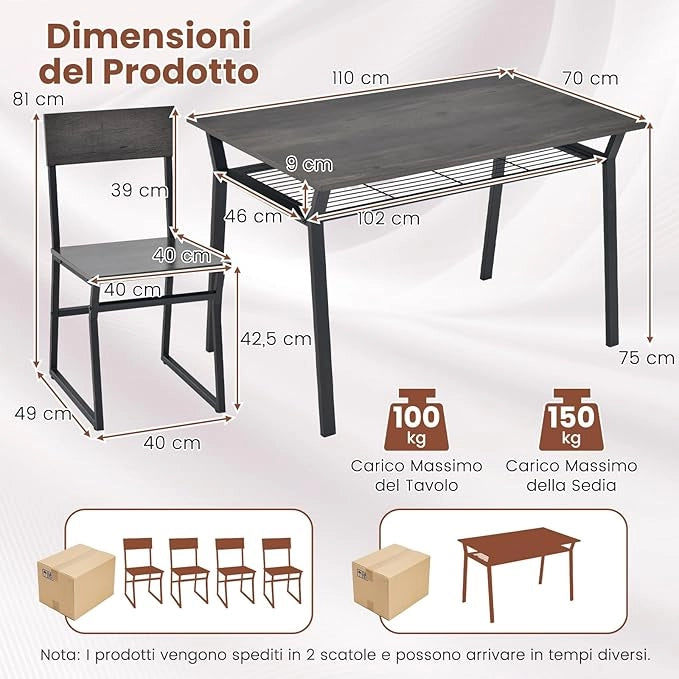 Set da Tavolo e Sedie da Pranzo, Tavolo da Pranzo con 4 Sedie Industriale, Set 5 Pezzi Mobili con Mensola Portaoggetti e Telaio in Metallo, per Cucina Sala da Pranzo, 110 x 70 cm (Grigio)