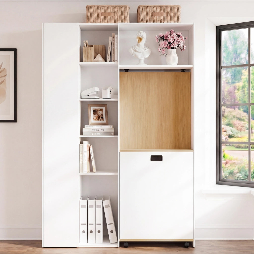 Scrivania pieghevole 104.5x30.5x160 cm con libreria integrata; presa USB; MDF bianco