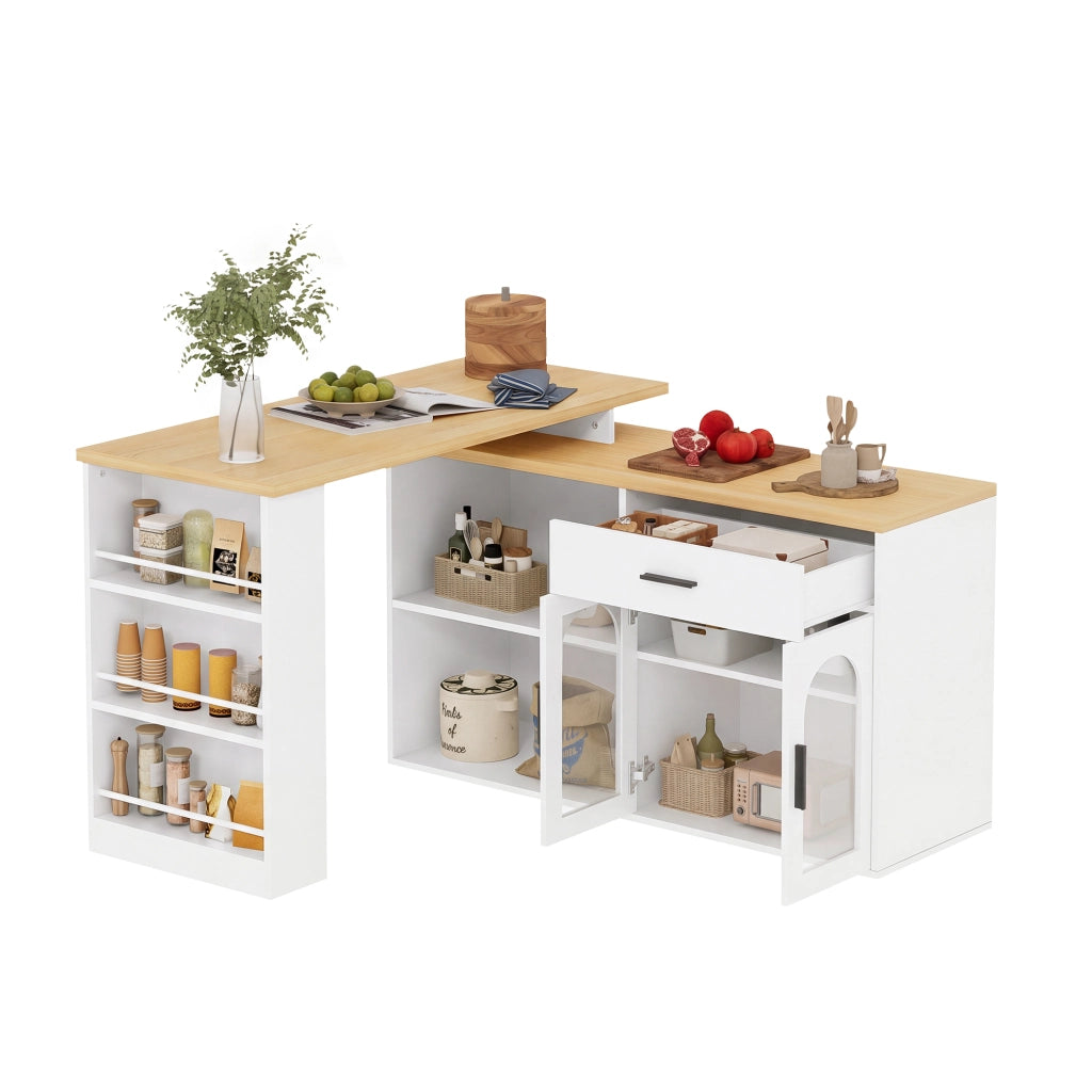 Isola da Cucina 136x50x78 cm Bianca e Rovere con Tavolo Girevole 360°, Cassetto e Ripiani