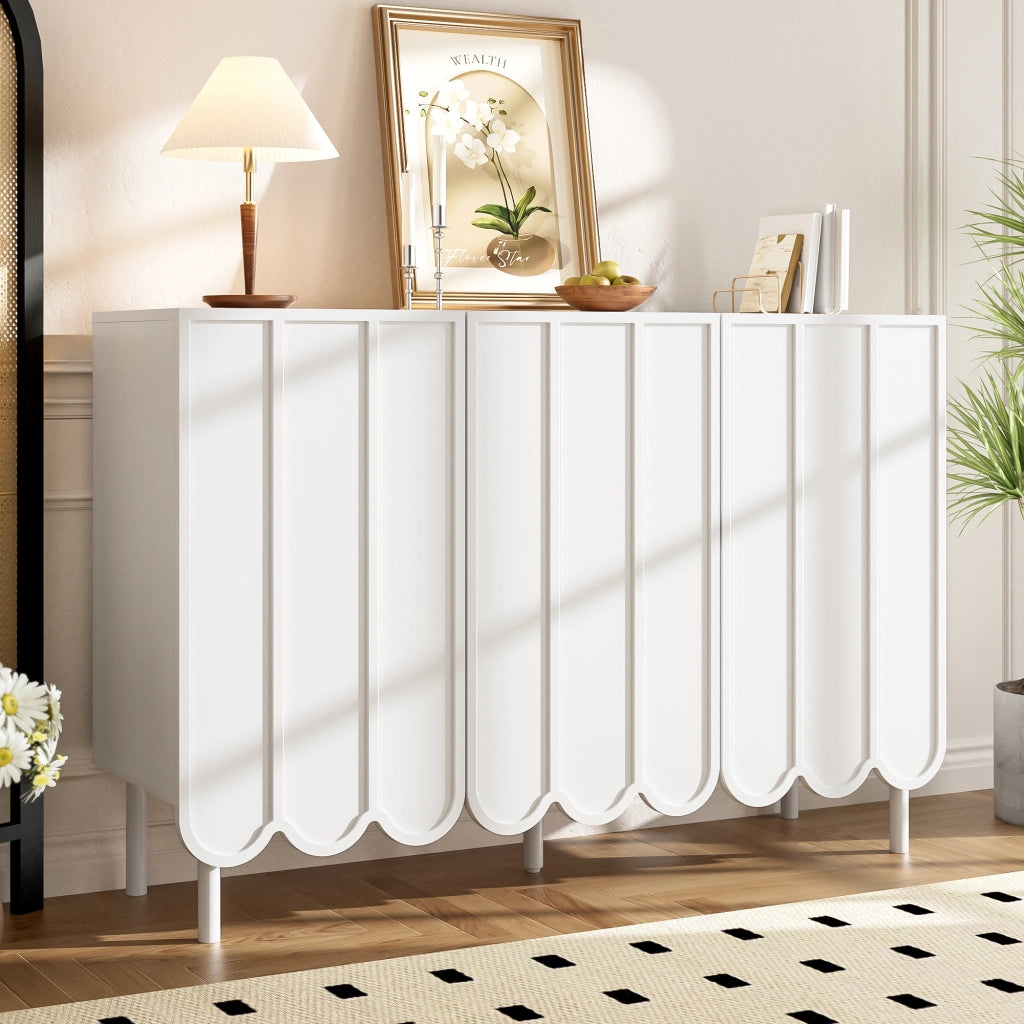 Credenza con 2 Ante Ondulate senza Maniglie; Ripiani Regolabili; Stile Moderno; in MDF; 120??35??80 cm; Bianco