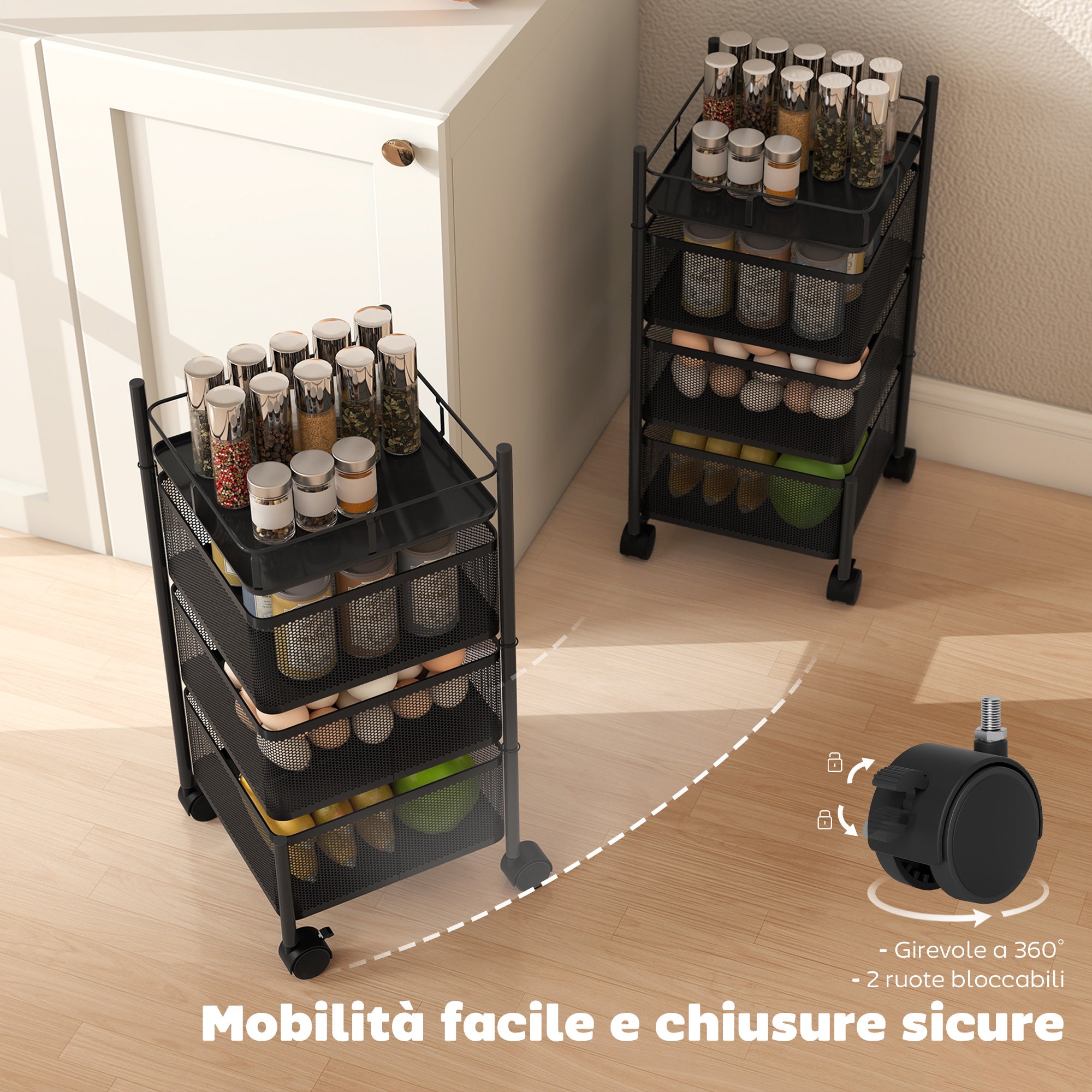 Carrello Cucina a 3 Livelli 27,5x27,5x62 cm con Cestini in Metallo Girevoli Ruote e Freno Nero