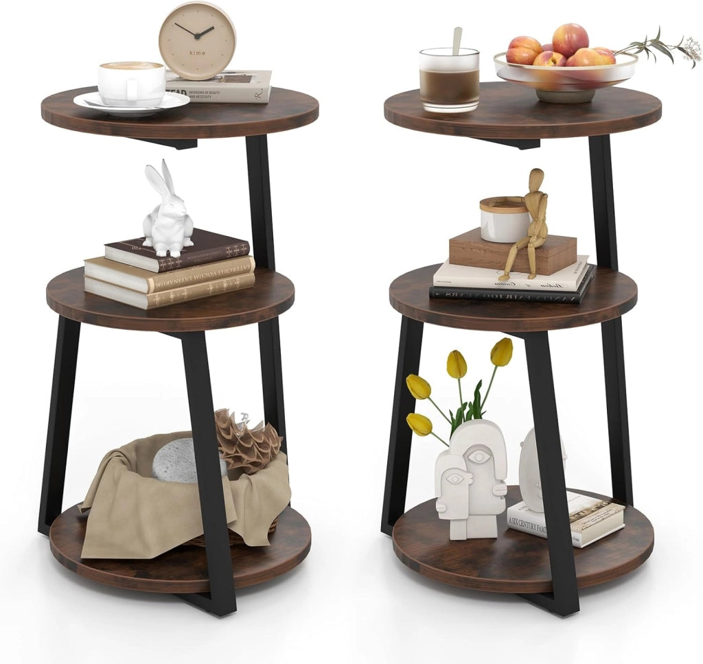 Tavolino a 3 livelli 62 cm, comodino con 3 ripiani in legno, tavolino da caffè con telaio in metallo con piedini regolabili, tavolino rotondo design industriale