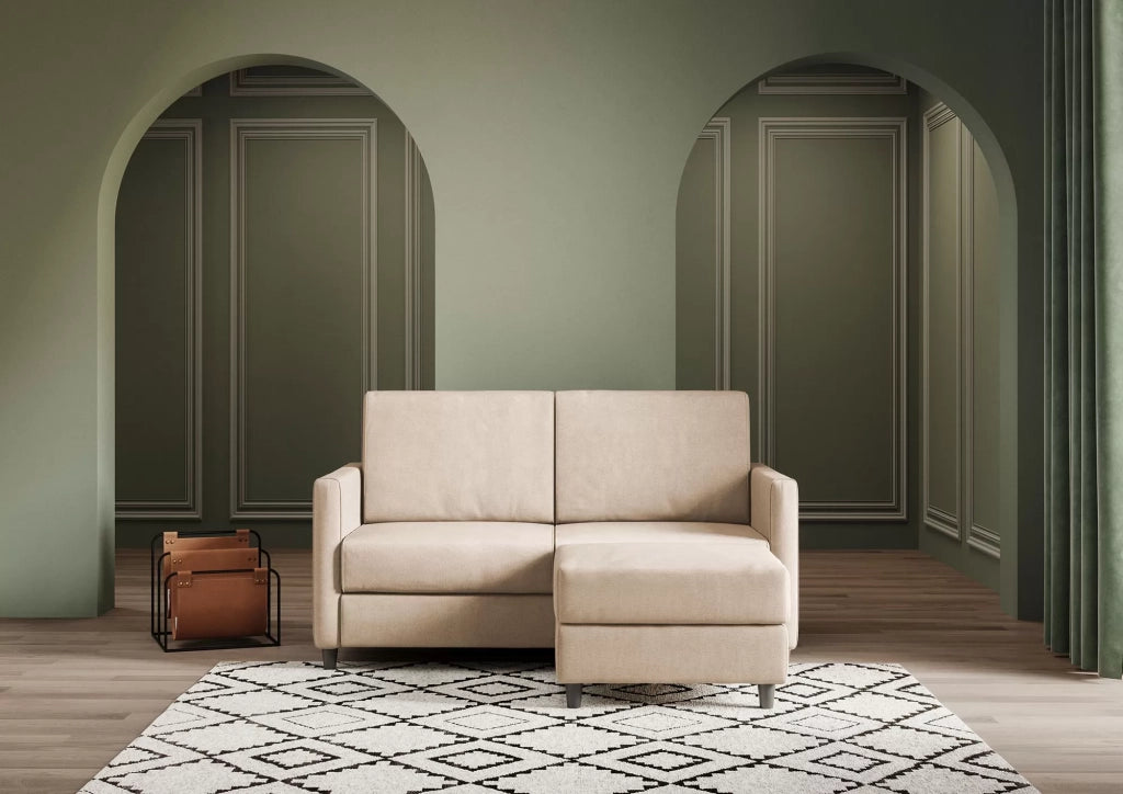 Divano karay 2 posti (due sedute da 60cm) + pouf misure esterne l.138 p.155 | beige - Mobili 2G