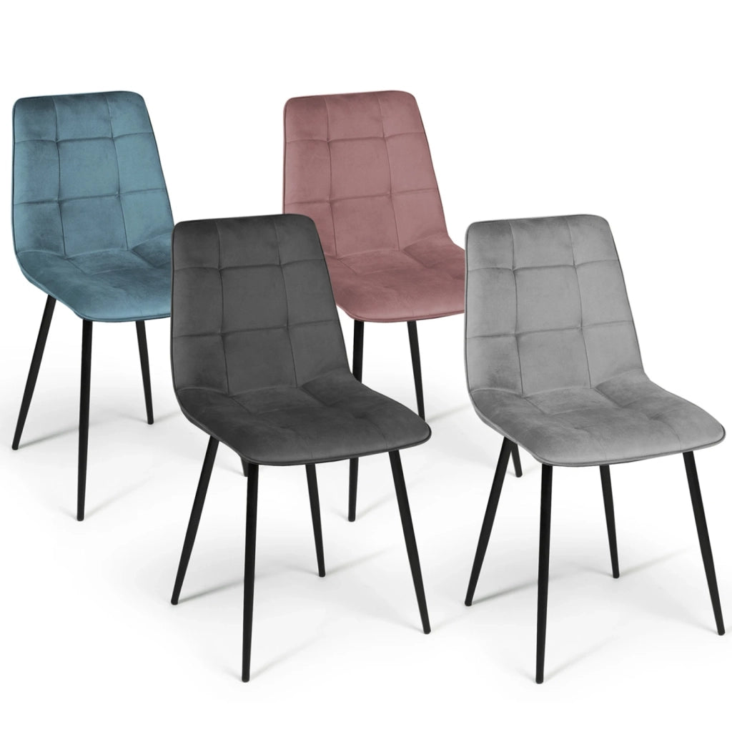 IDMarket - Lote de 4 sillas mixtas de terciopelo pastel MILA en azul, gris claro, gris oscuro y rosa
