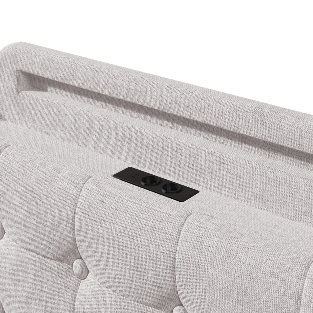 Letto imbottito 140x200 cm con LED; contenitore idraulico; USB Type-C; beige