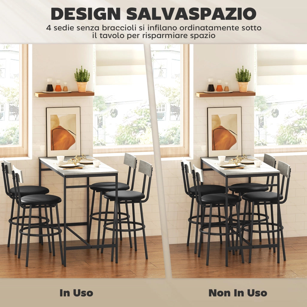 Set Tavolo da Bar e 4 Sgabelli con Schienale ¨C zephmum ¨C Grigio Cemento, Stile Industriale