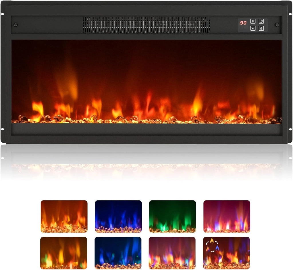 Camino Elettrico 1500W, Caminetto Elettrico con Effetto Fiamma LED a 8 Colori, 3 Livelli di Luminosità,17-32℃, Protezione Anti Surriscaldamento, Telecomando (68,5 X 11,9 X 34,2 CM)