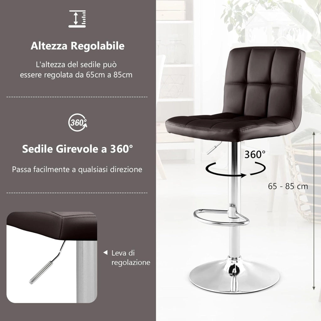 Set di 2 Sgabelli da Bar in Ecopelle Altezza Regolabile, Seduta Girevole a 360°, Poggiapiedi e Base Metallica Antiscivolo, Sgabelli da Pranzo per Isola Cucina Bar, Portata 150 kg (Marrone,2)