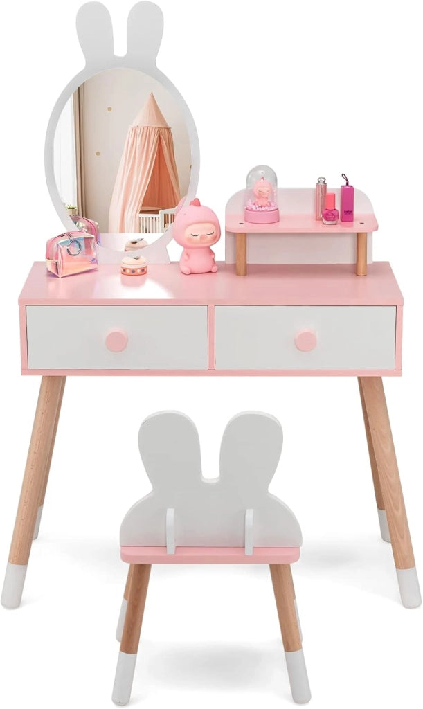 Toeletta Trucco 2 in 1 per Bambina, Specchiera a Forma di Coniglio Staccabile per Ragazza in Legno con Sgabello, Ripiano e 2 Cassetti, Postazione Trucco, 78 x 37 x 110cm (Bianco)
