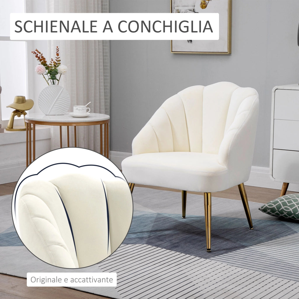 EasyComfort Poltrona in Velluto Imbottita con Schienale a Conchiglia e Gambe in Acciaio per Camera e Salotto, 63x65x84cm, Crema
