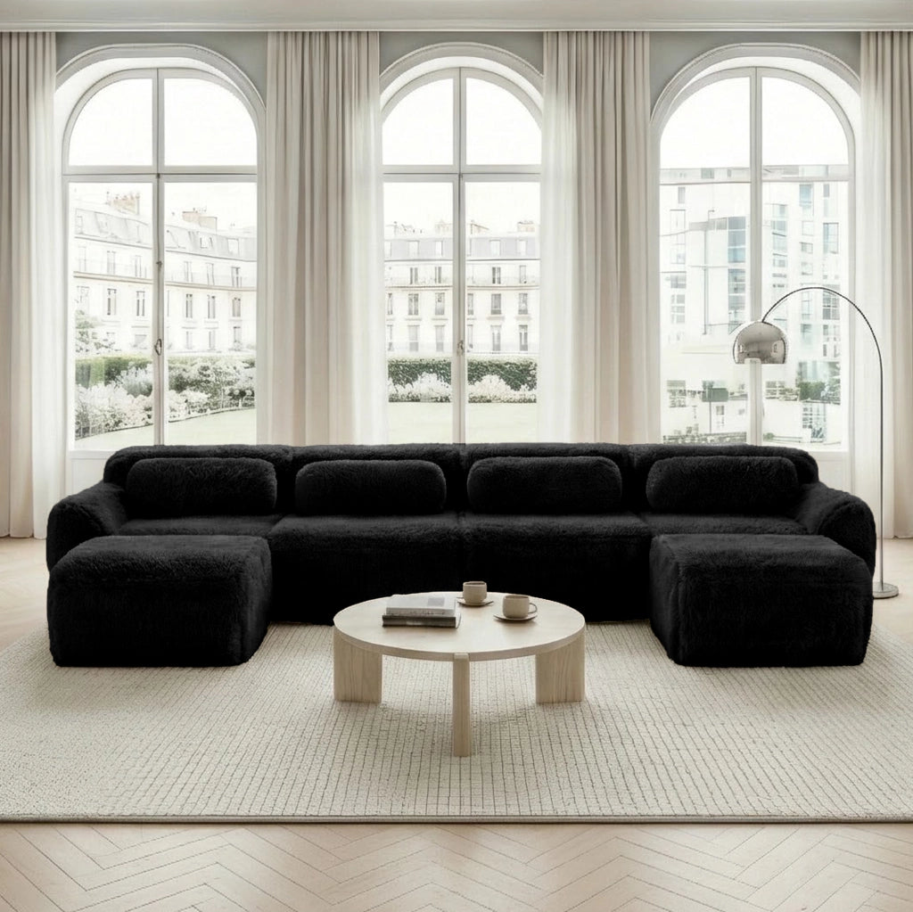 Divano modulare angolare a U 378x179x73 cm in tessuto peluche nero; senza montaggio