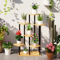 Supporto per Piante a 7 Livelli per Interno ed Esterno, Scaffale Piante in Acciaio e Legno, Legno Naturale