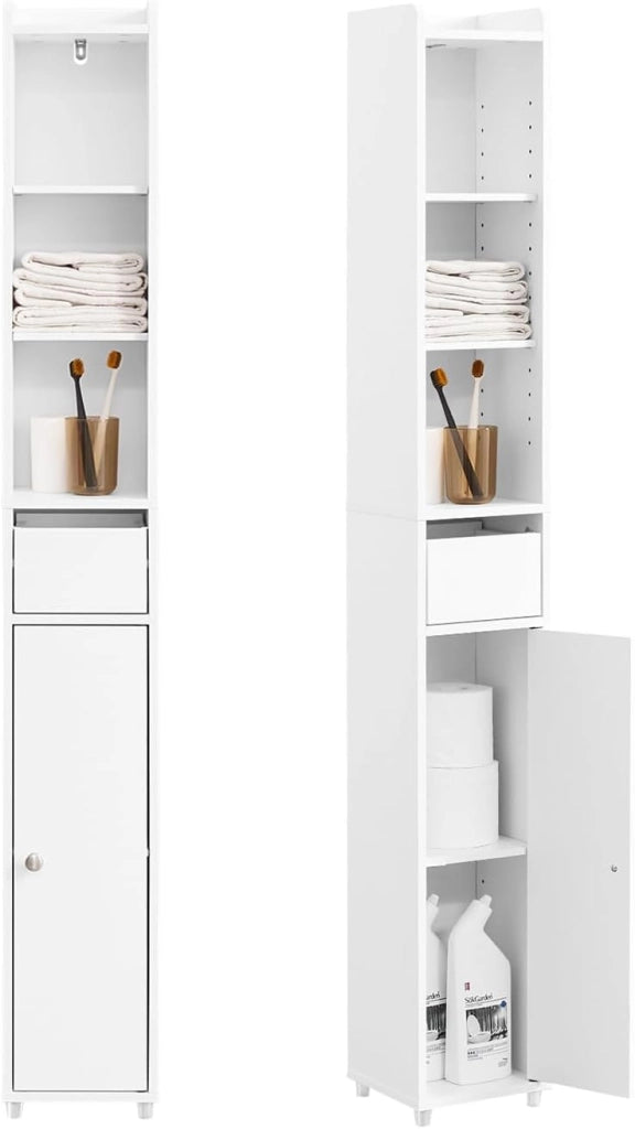 Mobiletto Bagno Salvaspazio Mobile Bagno Stretto (20 cm), Colonna Bagno Alta con Cassetto e Ripiani Regolabili, Mobile Almacenaje per Piccoli Spazi e WC, Bianco, 20x20x96 cm, BZR151-W