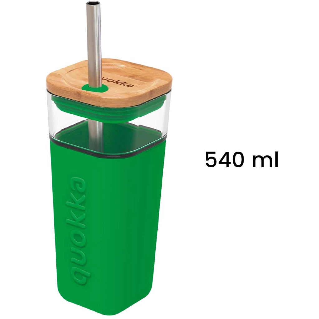 Tazza in Vetro 540 ml con Coperchio in Bambù e Cannuccia Inox Verde Quokka