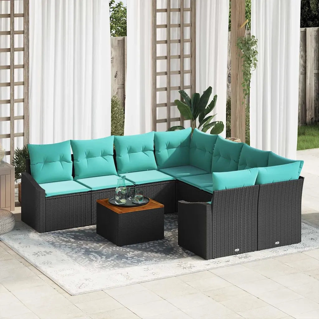 Set Divano da Giardino con cuscino 9 pcs Nero polyrattan