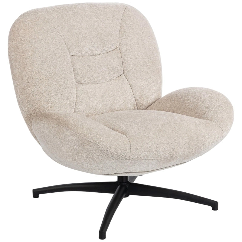 Poltrona girevole imbottita in tessuto Chenille, seduta relax con base in acciaio, bianco crema